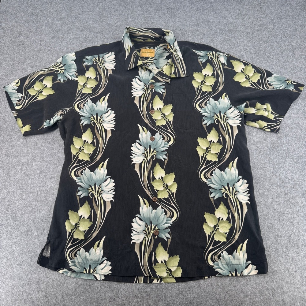 Tommy Bahama Mens Large Silk Floral Camp Shirt Black Blue Green Short Sleeve 170